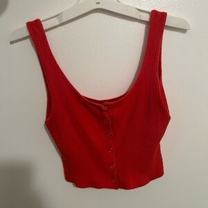 Red Ribbed Button-Down Tank Top